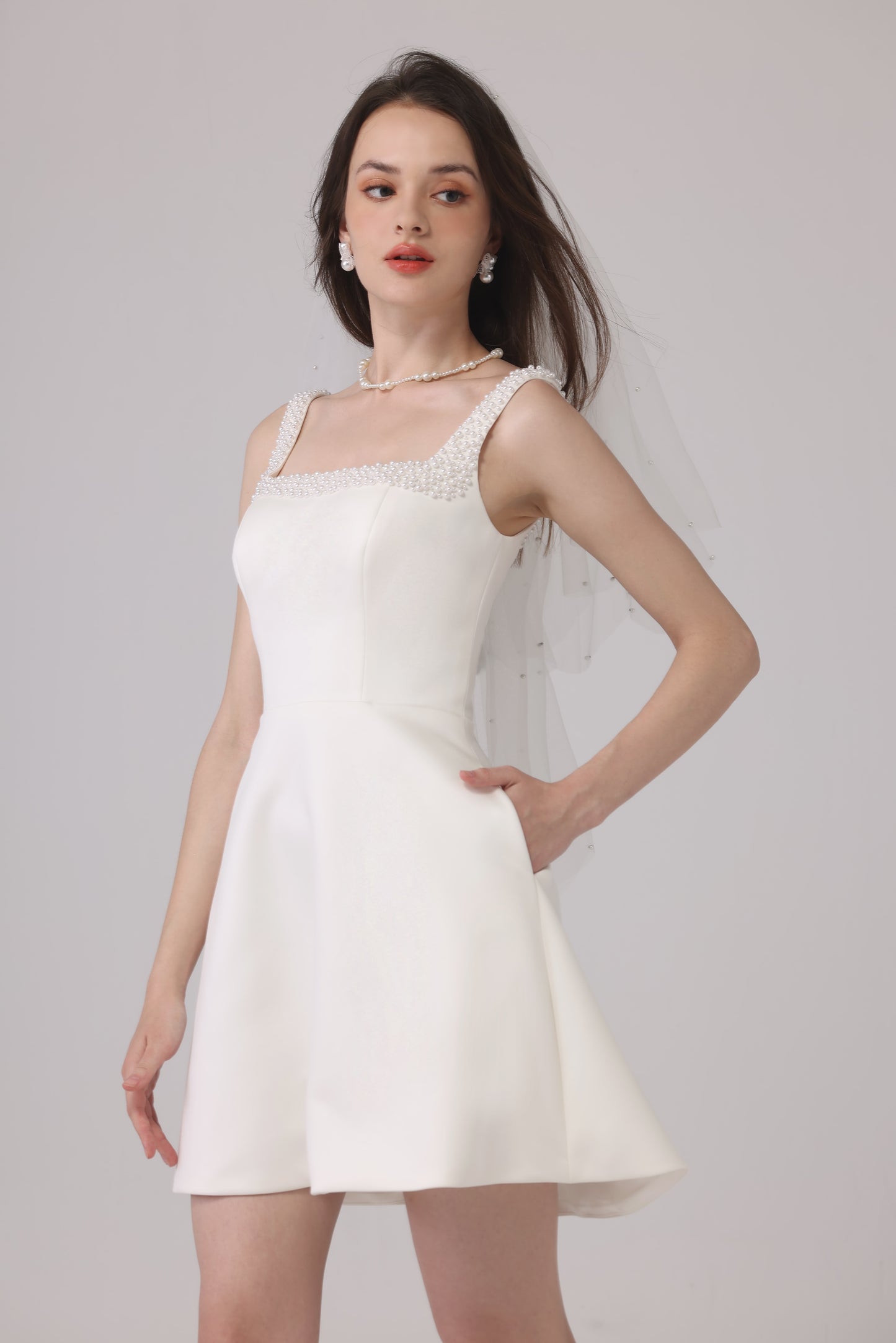 square neck short wedding dress with pockets