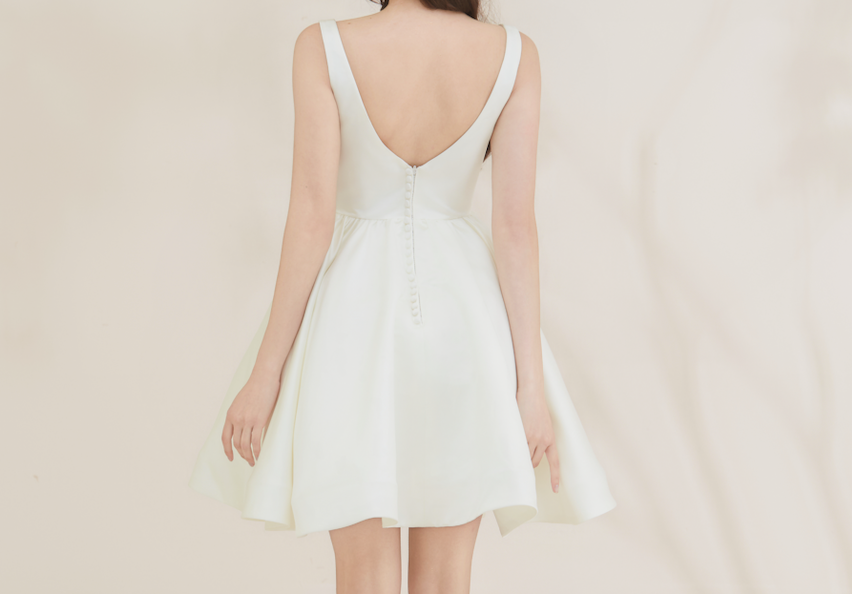 short wedding dress, eloped wedding dress, reception wedding dress, simple elegant wedding dress, mini wedding dress, mini reception wedding dress, a-lined wedding dress, satin short wedding dress, brisbane reception wedding dress, brisbane custom wedding dress