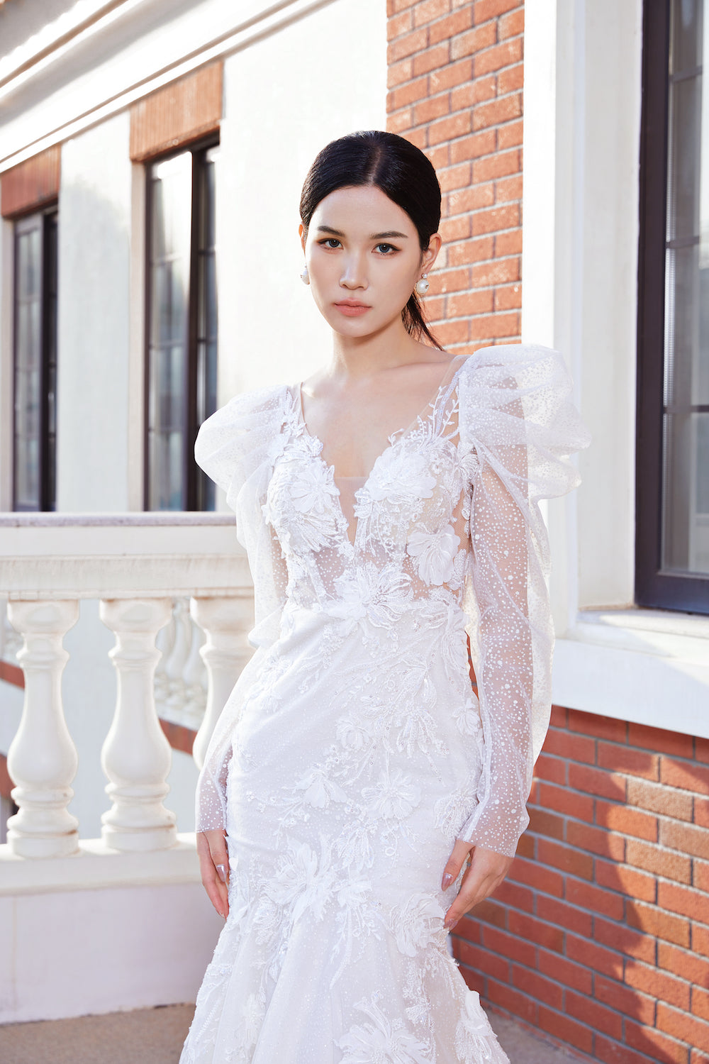 glittering wedding dress with sleeves