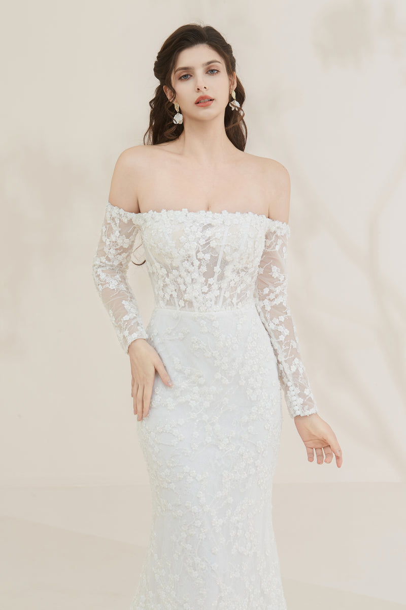 off the shoulder wedding dress, lace wedding dress, floral wedding dress with lace, wedding dress with long sleeves, fit and flare wedding dress, mermaid wedding dress, fitted wedding dress, brisbane wedding dress, rush order wedding dress, unique wedding dress, custom my own wedding dress aus