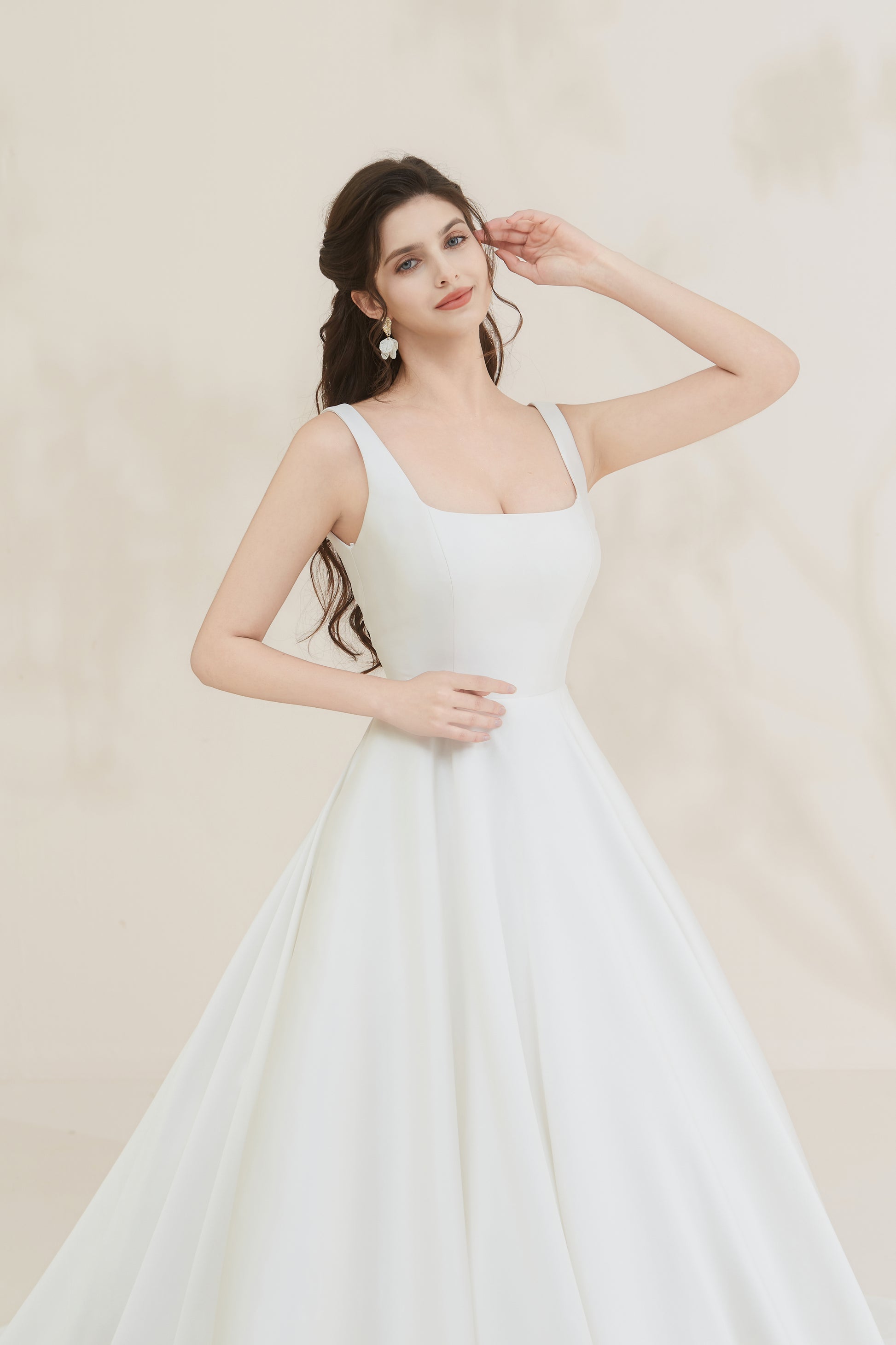 sleek wedding dress, elegant wedding dress, satin wedding dress, classy wedding gown, square neck wedding gown, minimalist wedding gown, custom wedding gown, high quality wedding gown, brisbane wedding dress, brisbane designer wedding gown, bespoke wedding gown, plus size wedding dress