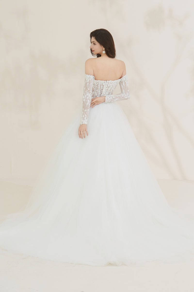 high quality off the shoulder lace wedding gown with sleeves 