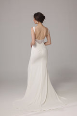 satin wedding dress with pearl detailing