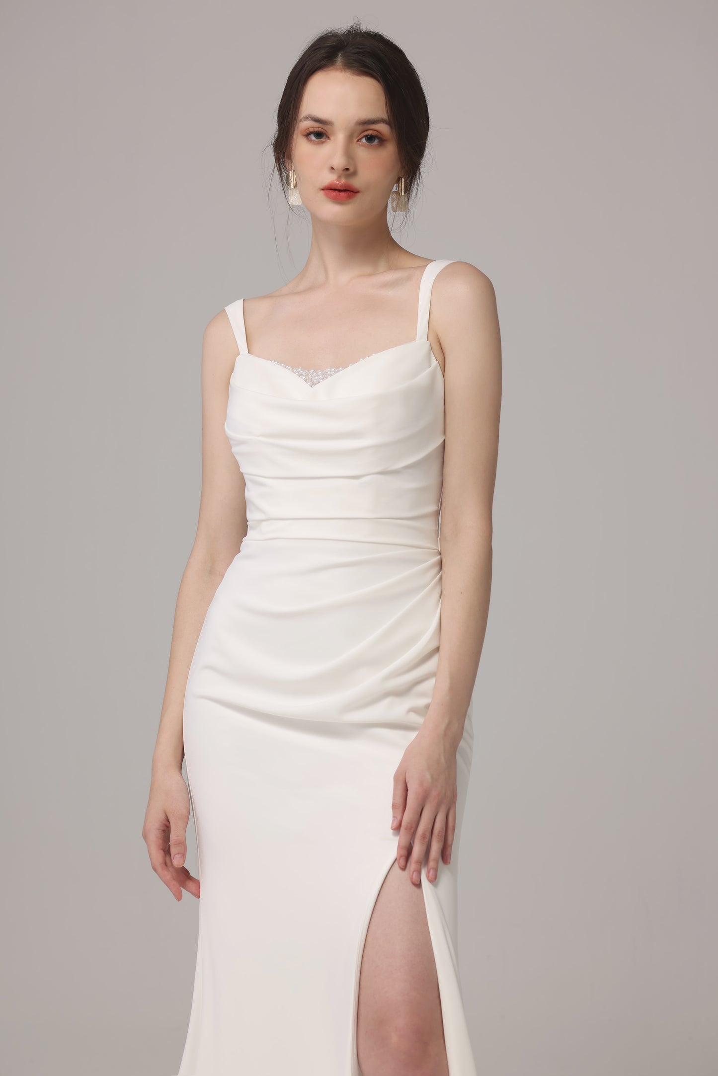 simple elegant wedding dress with high slipt