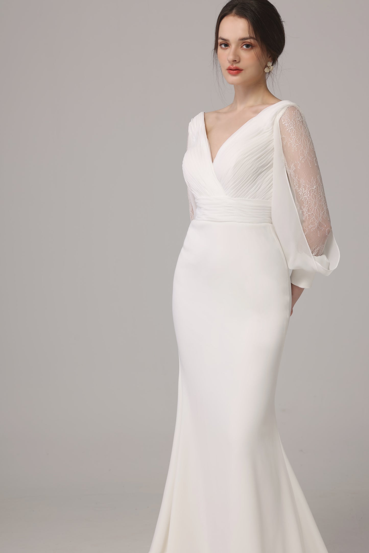 v neck wedding dress, pleated wedding dress, lace sleeves wedding dress, fit and flare wedding dress, slimmering wedding dress, Wedding Dress, Brisbane wedding dress, custom wedding dress, lace wedding dress, a-lined wedding dress, wedding dress with sleeves