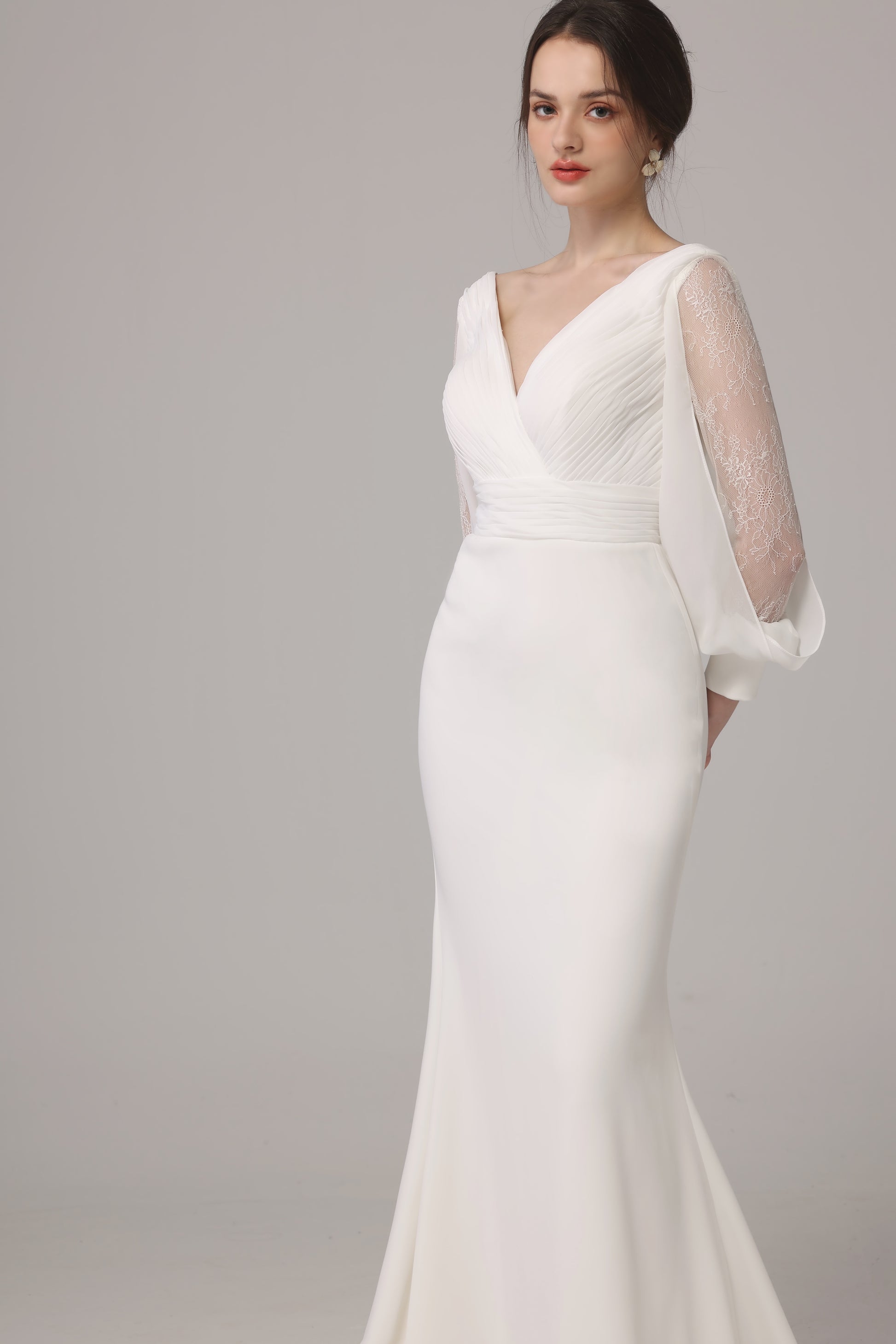 v neck wedding dress, pleated wedding dress, lace sleeves wedding dress, fit and flare wedding dress, slimmering wedding dress, Wedding Dress, Brisbane wedding dress, custom wedding dress, lace wedding dress, a-lined wedding dress, wedding dress with sleeves