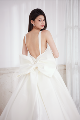 dramatic bow wedding gown, mikado wedding gown